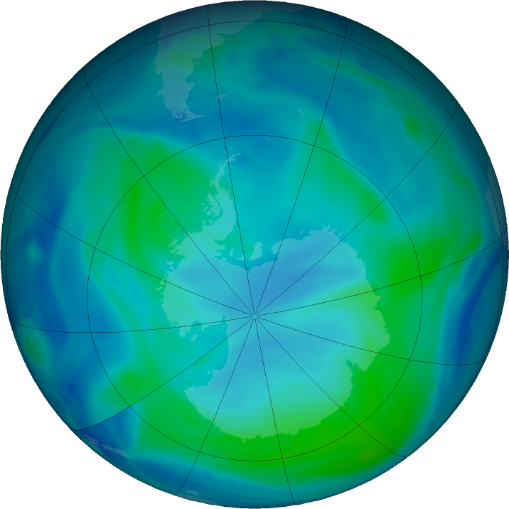 Antarctic ozone map for 15 February 2021